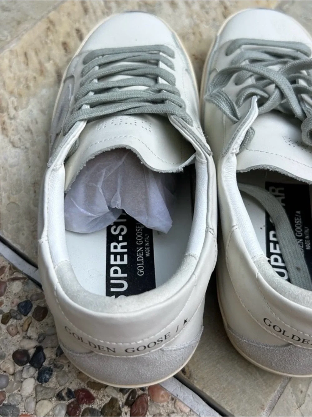 Golden Goose Style Men’s White Leather Sneakers with Gray Laces